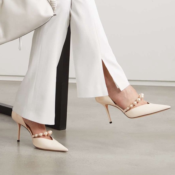 Jimmy Choo Aurelie 85 Latte White Faux Pearl Embellished Patent Leather Pumps 39 - Picture 3 of 11